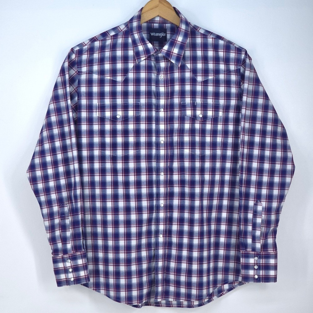 WRANGLER Western Plaid Shirt Mens Large Blue Pearl Snap Long Sleeve Rodeo Cowboy